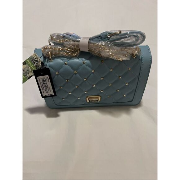 NWT Badgley Mischka quilted blue gold studded crossbody bag with chain strap, 10 - Picture 1 of 6